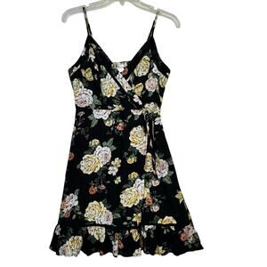 B.O.G Collective Black Faux Wrap Dress Yellow Pink Rose Print Size Small Ruffled